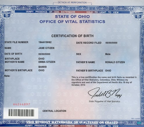 Download USA Ohio state birth certificate template in PSD format Photoshop template